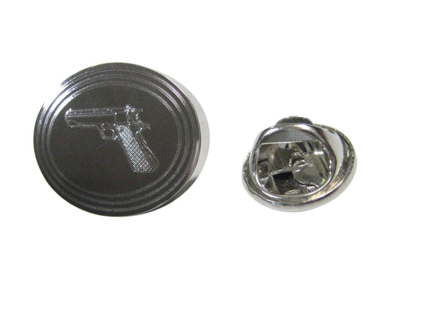 Silver Toned Etched Oval Modern Handgun Lapel Pin