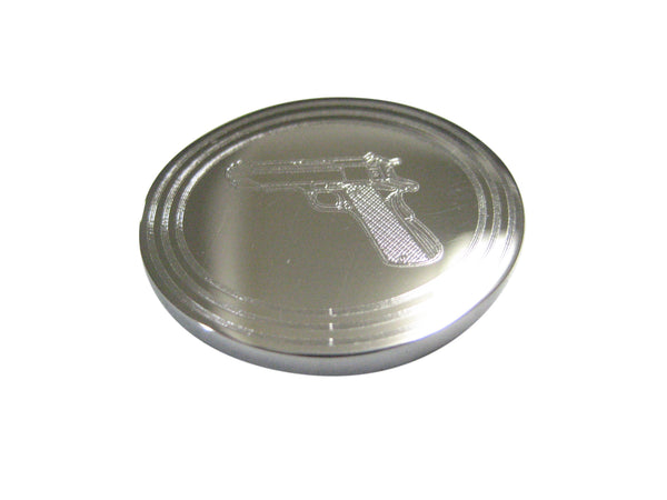 Silver Toned Etched Oval Modern Handgun Magnet