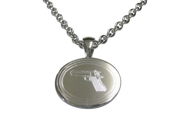 Silver Toned Etched Oval Modern Handgun Pendant Necklace