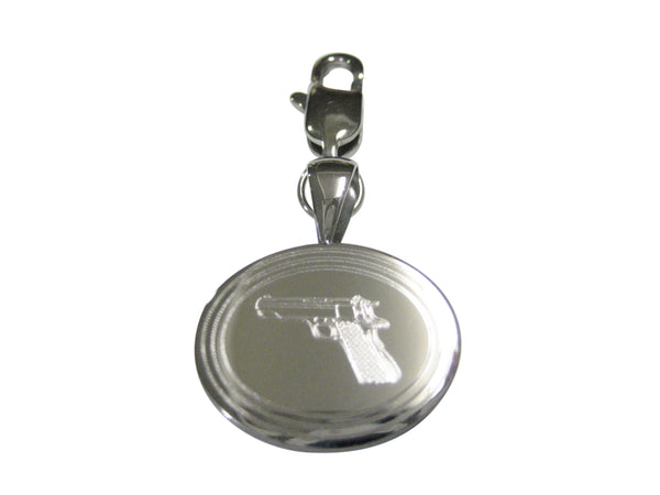 Silver Toned Etched Oval Modern Handgun Pendant Zipper Pull Charm