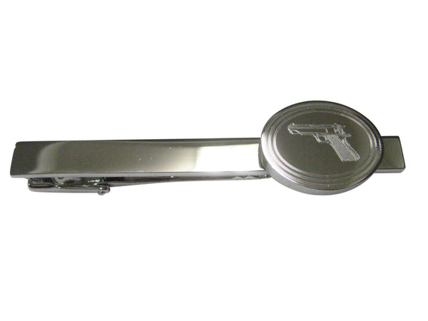 Silver Toned Etched Oval Modern Handgun Tie Clip