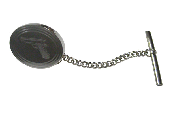 Silver Toned Etched Oval Modern Handgun Tie Tack