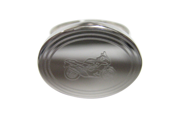 Silver Toned Etched Oval Motorcycle Adjustable Size Fashion Ring