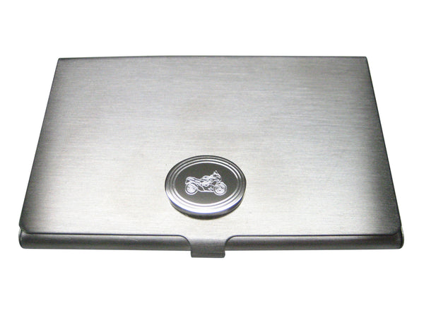 Silver Toned Etched Oval Motorcycle Business Card Holder