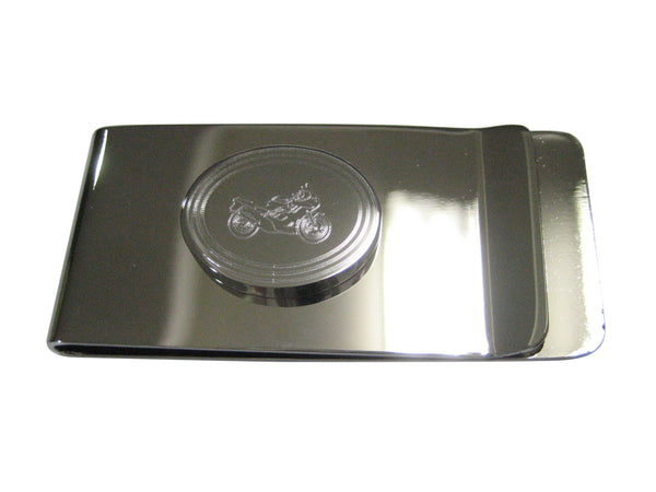 Silver Toned Etched Oval Motorcycle Money Clip