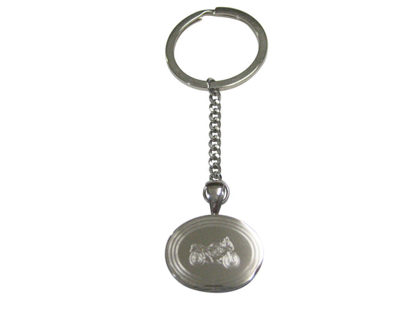Silver Toned Etched Oval Motorcycle Pendant Keychain