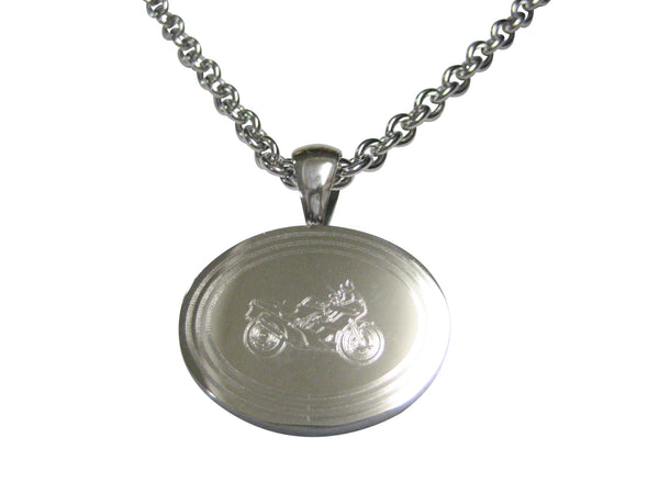 Silver Toned Etched Oval Motorcycle Pendant Necklace