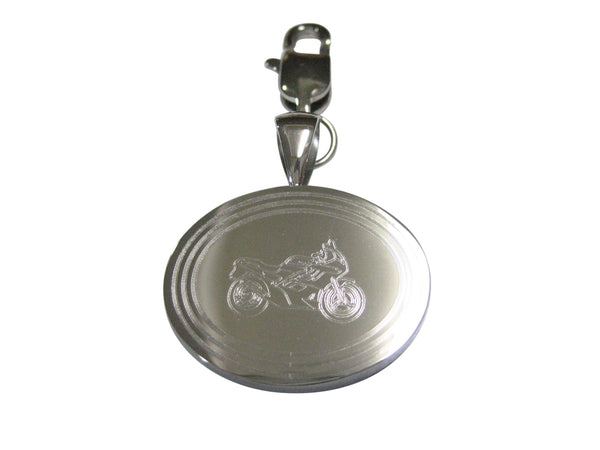 Silver Toned Etched Oval Motorcycle Pendant Zipper Pull Charm