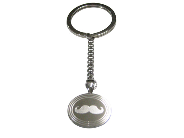 Silver Toned Etched Oval Mustache Pendant Keychain