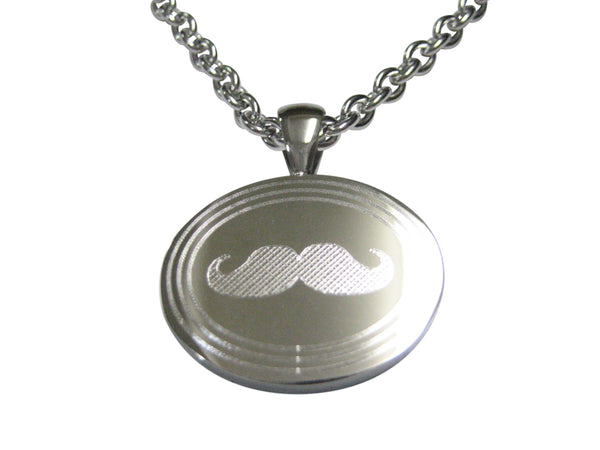 Silver Toned Etched Oval Mustache Pendant Necklace