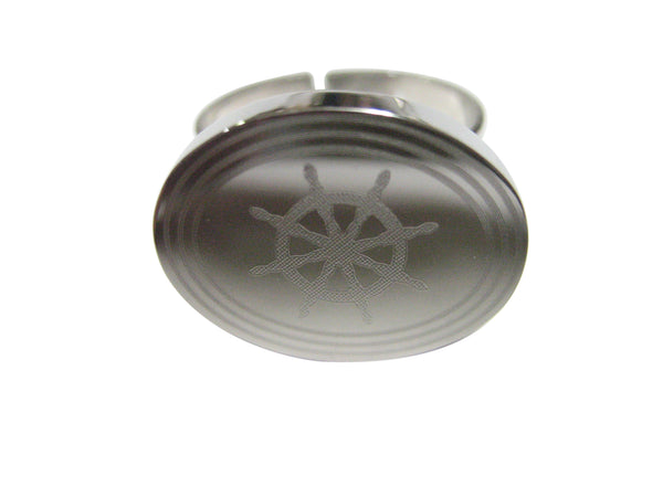Silver Toned Etched Oval Nautical Helm Adjustable Size Fashion Ring