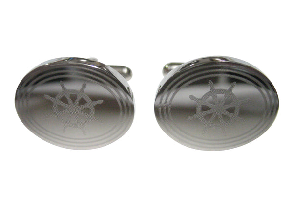 Silver Toned Etched Oval Nautical Helm Cufflinks