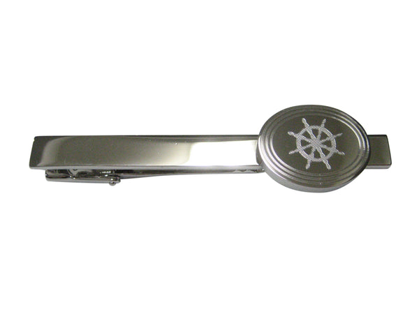 Silver Toned Etched Oval Nautical Helm Tie Clip