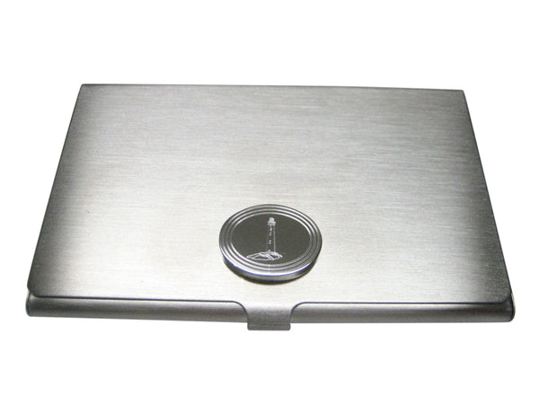 Silver Toned Etched Oval Nautical Lighthouse Business Card Holder