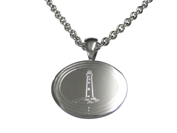 Silver Toned Etched Oval Nautical Lighthouse Pendant Necklace