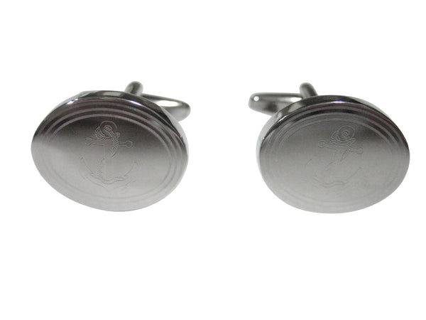 Silver Toned Etched Oval Nautical Roped Anchor Cufflinks