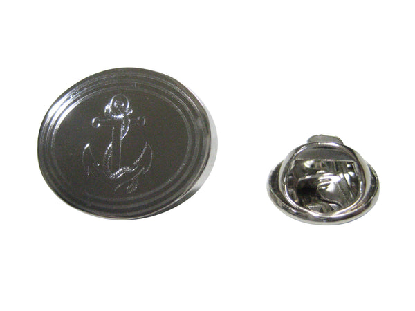 Silver Toned Etched Oval Nautical Roped Anchor Lapel Pin