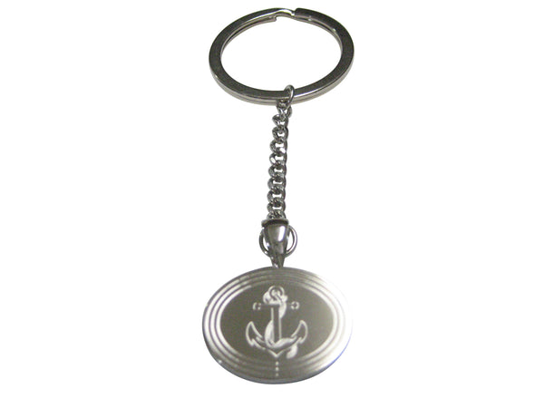 Silver Toned Etched Oval Nautical Roped Anchor Pendant Keychain