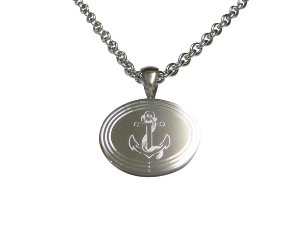 Silver Toned Etched Oval Nautical Roped Anchor Pendant Necklace