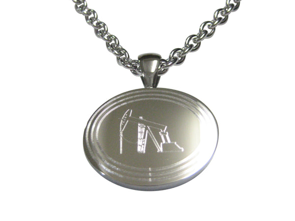 Silver Toned Etched Oval Oil Drill Pendant Necklace