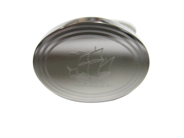 Silver Toned Etched Oval Old Style Ship Adjustable Size Fashion Ring