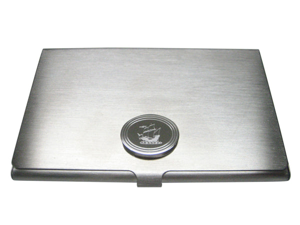 Silver Toned Etched Oval Old Style Ship Business Card Holder