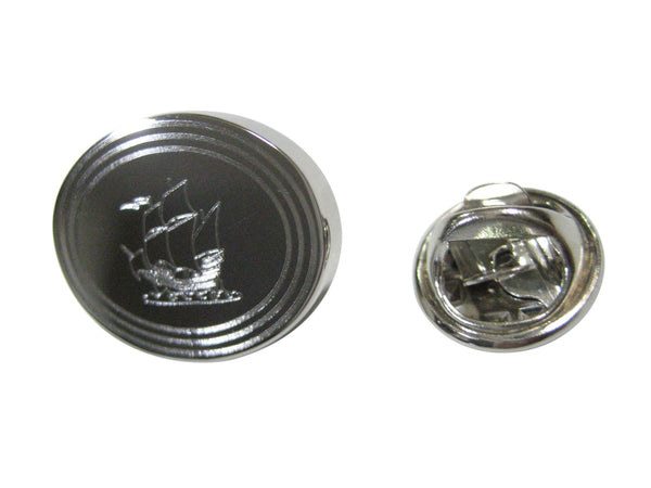 Silver Toned Etched Oval Old Style Ship Lapel Pin