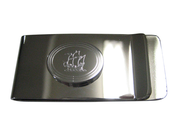 Silver Toned Etched Oval Old Style Ship Money Clip