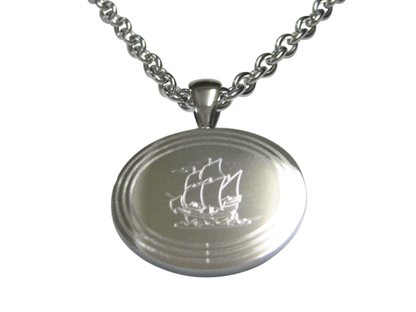Silver Toned Etched Oval Old Style Ship Pendant Necklace