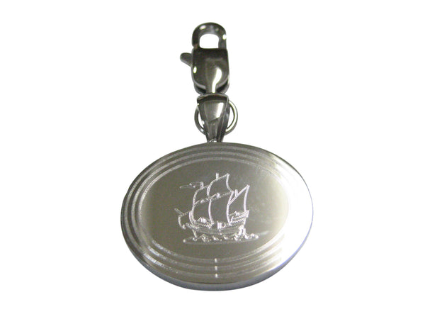 Silver Toned Etched Oval Old Style Ship Pendant Zipper Pull Charm