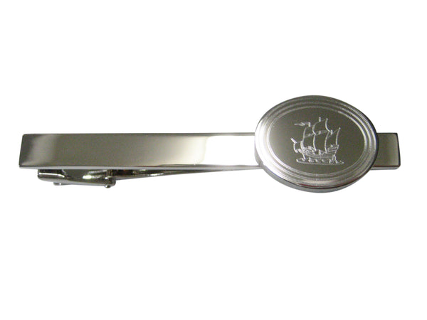 Silver Toned Etched Oval Old Style Ship Tie Clip