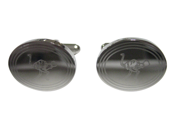 Silver Toned Etched Oval Ostrich Bird Cufflinks