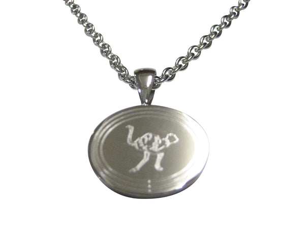 Silver Toned Etched Oval Ostrich Bird Pendant Necklace