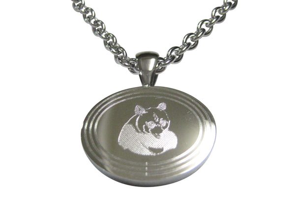 Silver Toned Etched Oval Panda Bear Pendant Necklace