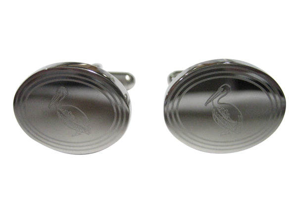 Silver Toned Etched Oval Pelican Bird Cufflinks