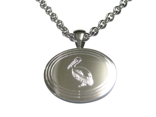 Silver Toned Etched Oval Pelican Bird Pendant Necklace