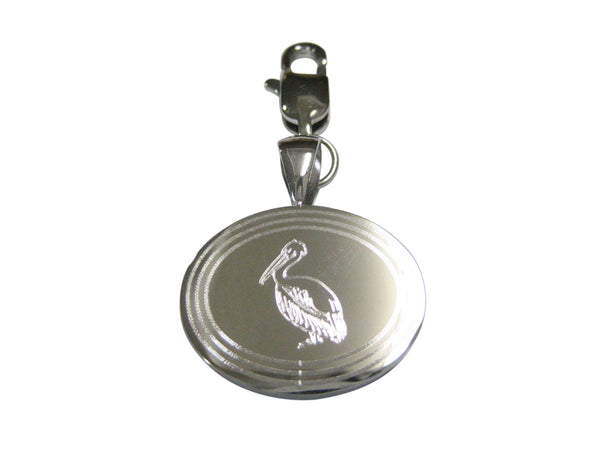 Silver Toned Etched Oval Pelican Bird Pendant Zipper Pull Charm