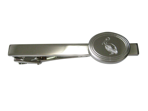 Silver Toned Etched Oval Pelican Bird Tie Clip