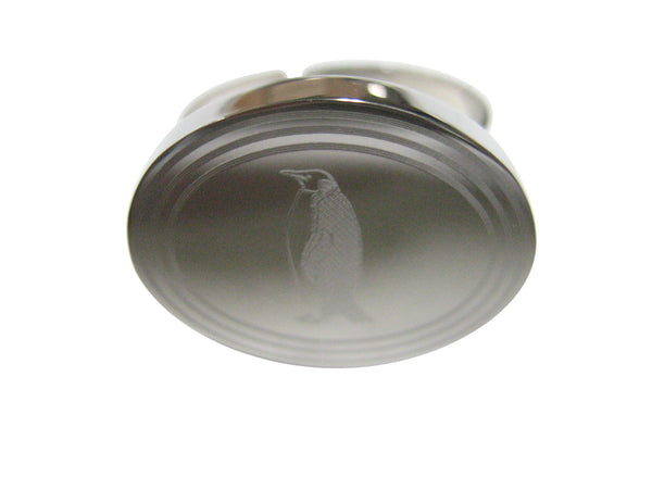 Silver Toned Etched Oval Penguin Adjustable Size Fashion Ring