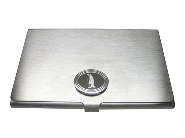Silver Toned Etched Oval Penguin Business Card Holder