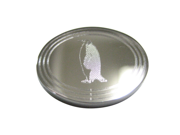 Silver Toned Etched Oval Penguin Magnet