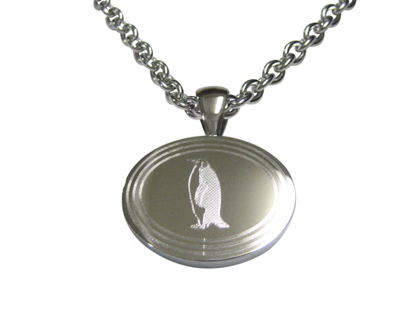 Silver Toned Etched Oval Penguin Pendant Necklace