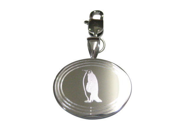 Silver Toned Etched Oval Penguin Pendant Zipper Pull Charm