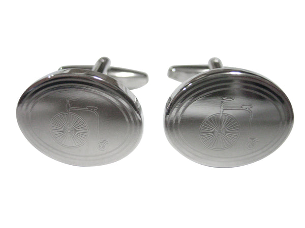 Silver Toned Etched Oval Penny Farthing Bicycle Cufflinks