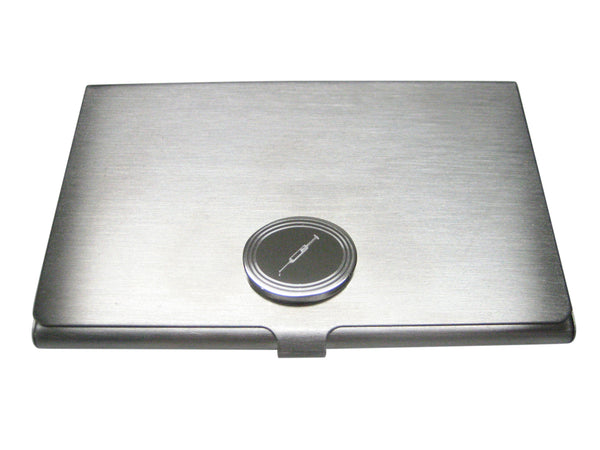 Silver Toned Etched Oval Phlebotomist Hypodermic Syringe Needle Business Card Holder