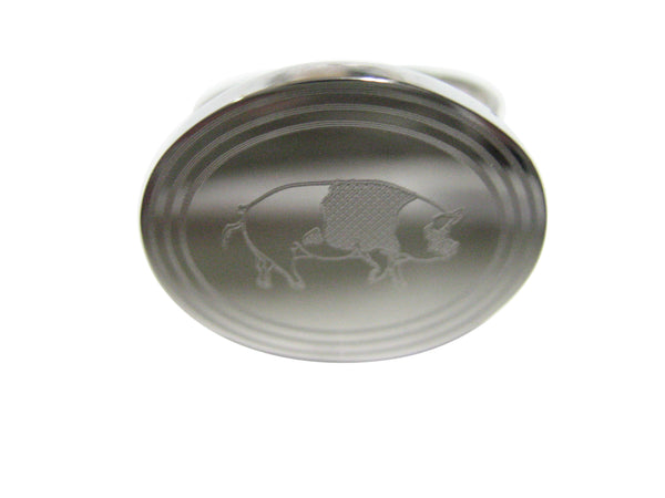 Silver Toned Etched Oval Pig Adjustable Size Fashion Ring