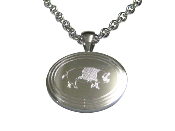 Silver Toned Etched Oval Pig Pendant Necklace