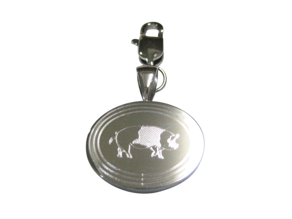 Silver Toned Etched Oval Pig Pendant Zipper Pull Charm
