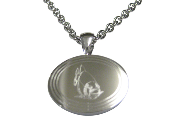 Silver Toned Etched Oval Piranha Fish Pendant Necklace