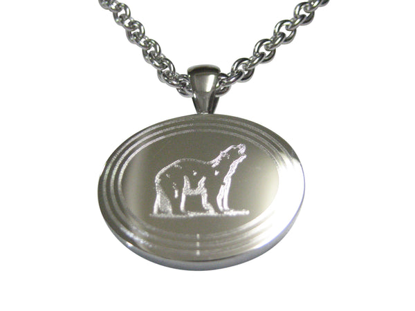 Silver Toned Etched Oval Polar Bear Pendant Necklace